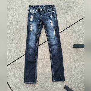 Request Jeans Distressed Stitched Denim Blue Jeans Rhinestones Size 0/24